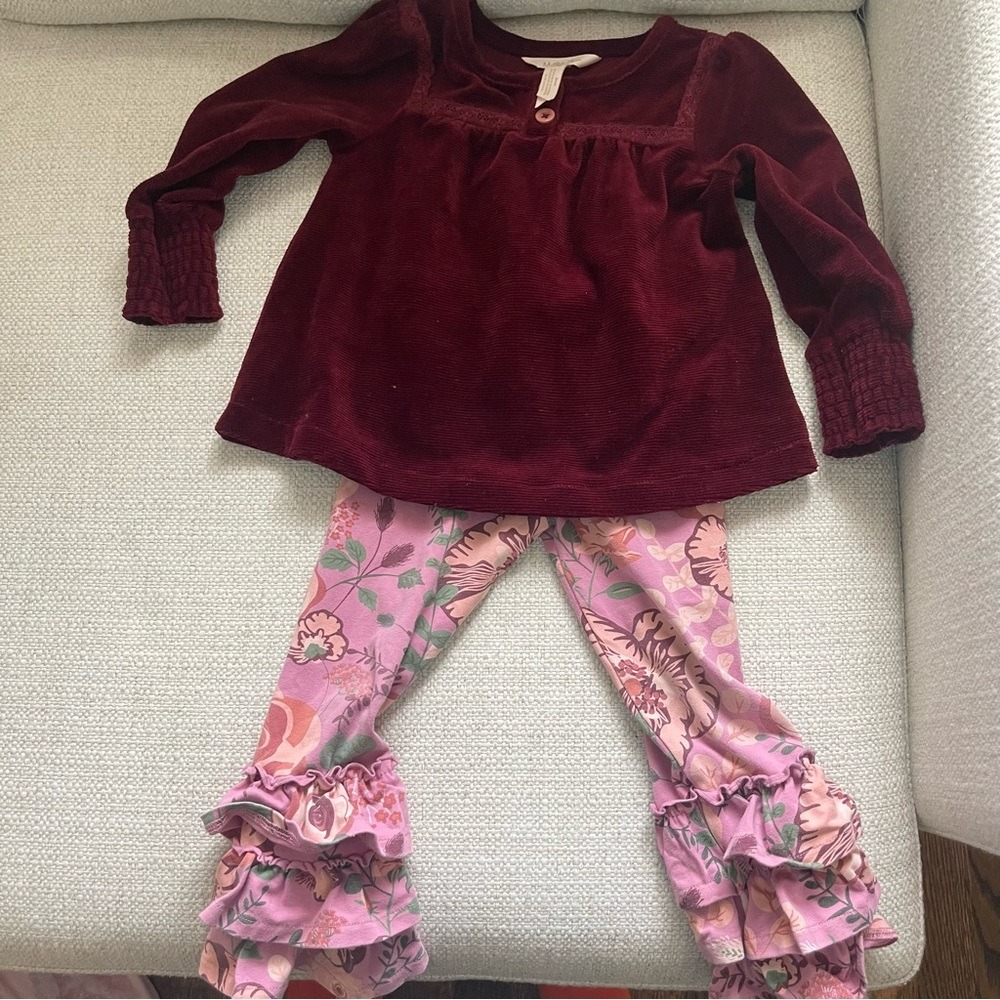 Matilda Jane Girls 2T Burgundy Velvet Tunic Top and Floral Ruffle Leggings Set